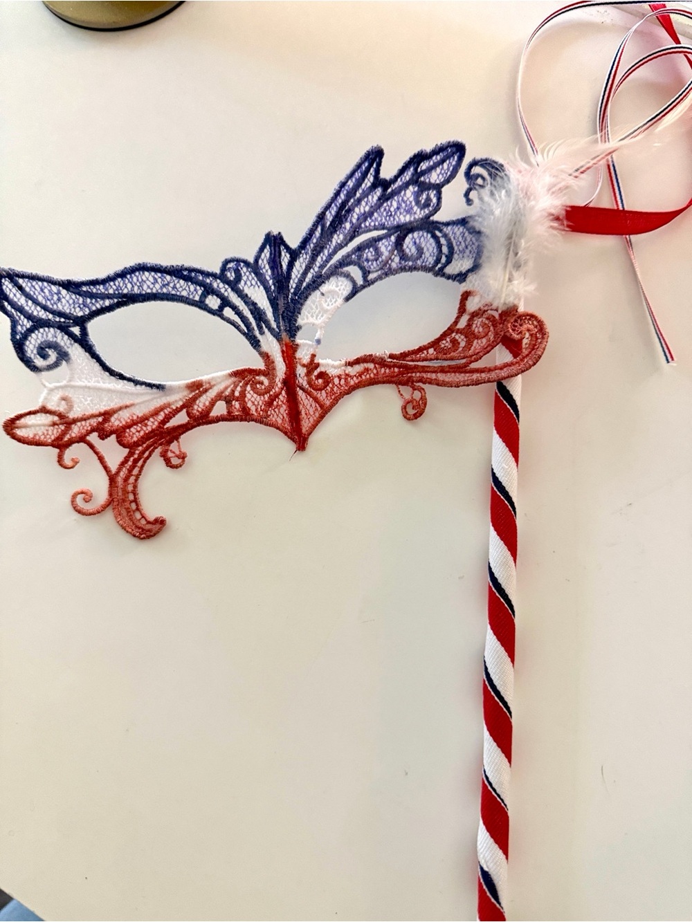 Handmade Swarovski Crystal Masquerade Mask RED WHITE BLUE WITH STICK handheld